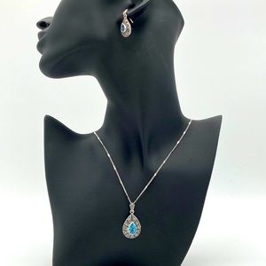 Blue Topaz & Marcasite 925 Pendant/Chain with Matching Dangle Earrings